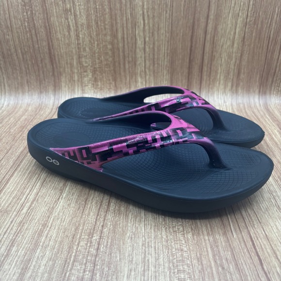 OOFOS Shoes - OOFOS OOlala Recovery Sandals Black Pink Geometric Women Size 11 EU 42 Flip Flop